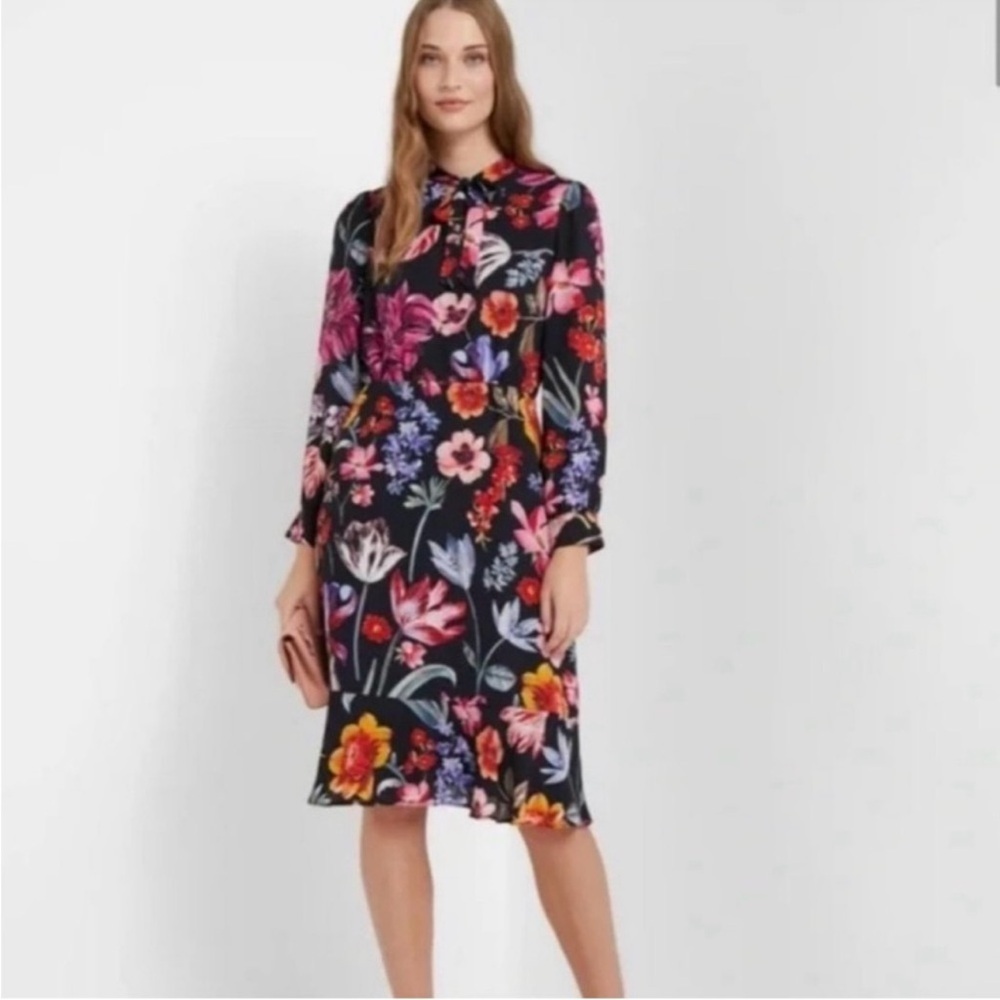J Crew Tie Neck Midi Dress Midnight Dutch Floral
